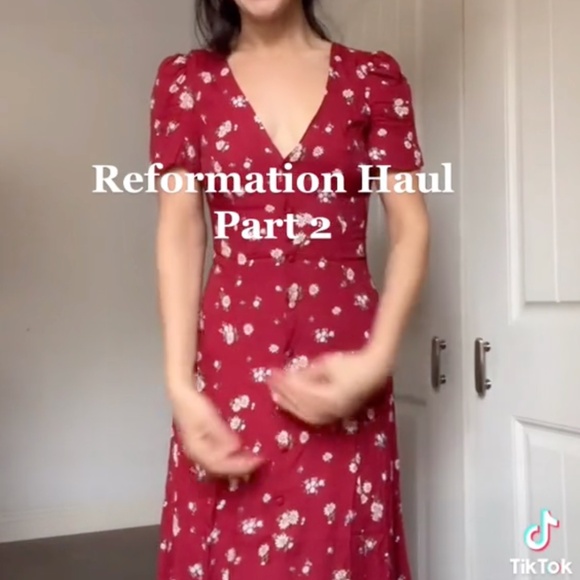 NEW Reformation Locklin Midi Dress - Cassia Red White Floral Spring Collar - Picture 3 of 10